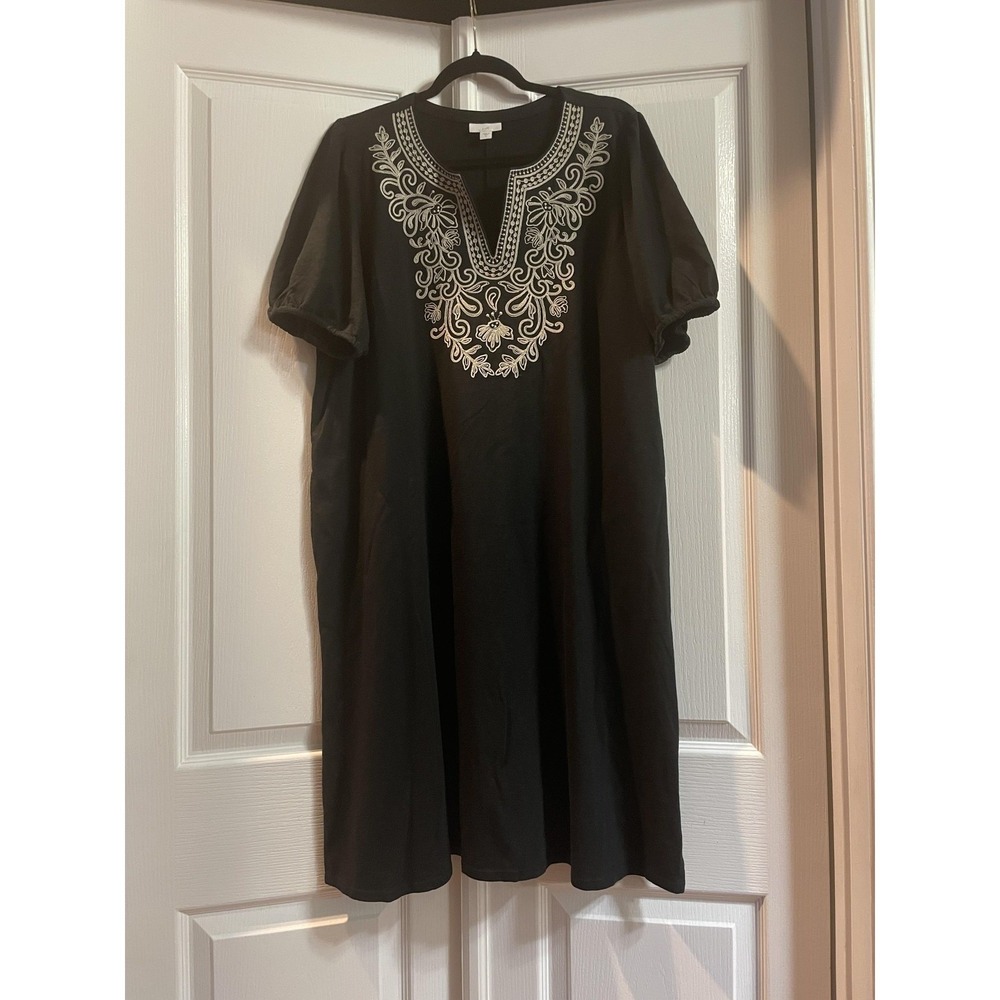 J. Jill Dress Womens XL Black Embroidered V Neck Puff Sleeve Shift Pockets